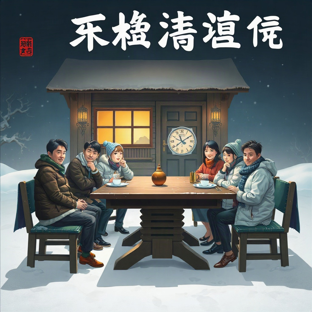魔改短剧《侠客驿站的第七位客人》海报，雪夜客栈中七位客人围坐一桌